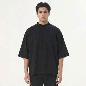 Men's Black <b>Mock</b> <b>Neck</b> Oversized Shirt Half Sleeve Drop Shoulder Solid Color Cotton Pullover Streetwear <b>Top</b> Summer Wear - Product Image 3