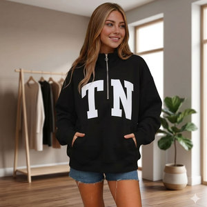 Sweat-shirt personnalisé pour femme, col montant noir, demi-zip, avec imprimé lettre TN, épaules tombantes, en coton tricoté, pull-over automne - Product Image 1
