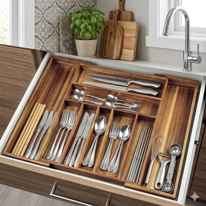 Organizador de Cubiertos de Madera de Acacia para Cajón de Cocina, Bandeja para Almacenamiento de Tenedores y Cucharas, Soporte Multifuncional para Gabinete - Product Image 3