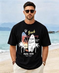 T-shirt à manches courtes pour homme, col rond, noir, 100% coton jersey, coupe classique, décontracté, imprimé, design plage et surf, logo sur le devant - Product Image 6