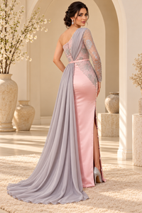 Mishkat Couture Elegant Blush Pink Algerian <b>Maxi</b> Evening Gown with Silver Embroidery One Sheer Sleeve Flowing Gray <b>Chiffon</b> Drape - Product Image 2