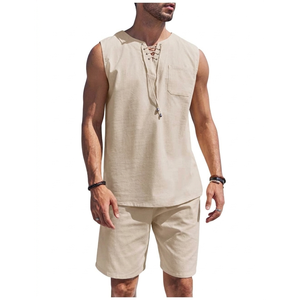 Mens Raw <b>Linen</b> Lace Up Tunic & Tailored Short Set This <b>two</b> <b>piece</b> ensemble features a sleeveless tunic - Product Image 1