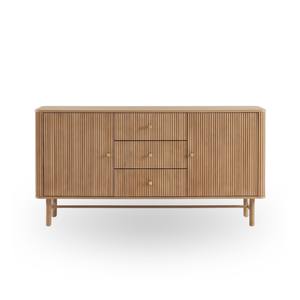 Commode autoportante en teck massif, style minimaliste moderne, avec 3 tiroirs et porte cannelée, pour chambre d'hôtel et salon - Product Image 1