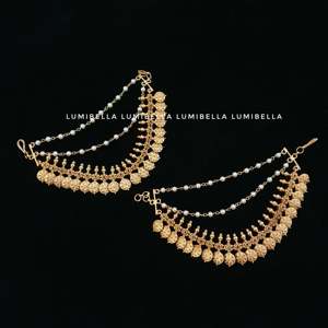 Pearl Earrings Matte Gold Plated Coin Style Chain with Pearls - Product Image 1