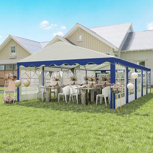 Tendone da Esterno Grande 5x10m per Feste, Resistente, con 10 Finestre e Pareti Laterali Rimovibili, in Tessuto di Poliestere Blu e Acciaio - Product Image 2