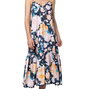 Robe d'été décontractée bohème en mousseline imprimée florale, sans manches, avec encolure festonnée, coupe trapèze, longueur thé - Product Image 1
