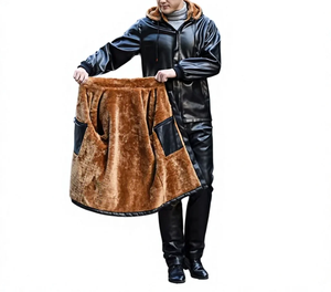 Men's Hooded Leather Tracksuit Set Windproof Warm Winter Casual Full Length Zipper Closure Solid Color Polyester Cotton Material - Product Image 5