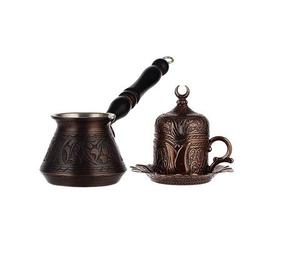 Ensemble de cafetière turque double martelée, colorée cuivre, de style ottoman, tendance, pour thé et café, avec pot à délices turcs - Product Image 1