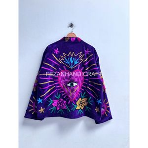 Blazer en velours brodé pour femme, motif cœur violet, col rabattu, manches longues, vêtement d'automne - Product Image 4