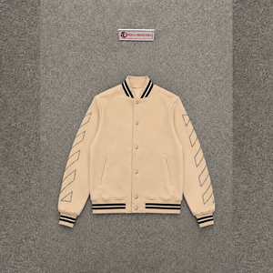 เสื้อแจ็คเก็ตวิทยาลัยสีเบจสไตล์โมเดิร์นสำหรับผู้ชาย พร้อมลายเรขาคณิตที่แขนเสื้อ ทรงปกติ คอปกพับได้ สวมใส่สบายๆ ในฤดูใบไม้ร่วง - Product Image 5