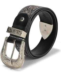 Ceinture en cuir de cowboy western haut de gamme pour hommes, motif floral en relief avec boucle argentée gravée, style vintage - Product Image 3