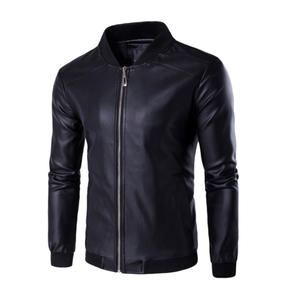 Chaqueta Bomber de Cuero PU Negra para Hombre, Estilo Otoñal, Manga Larga, Cierre Frontal con Cremallera - Product Image 1