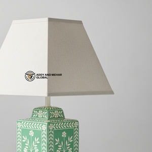 Lanterne de table artisanale en os vert incrusté, motif floral, lampe de chevet décorative carrée de luxe avec abat-jour en tissu pour la maison - Product Image 2