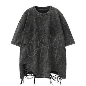 Camiseta Casual Oversize para Hombre, Azul, con Lavado Ácido Desgastado Personalizado, Dobladillo Deshilachado, Estilo Urbano, Estampado Distintivo, 100% - Product Image 1