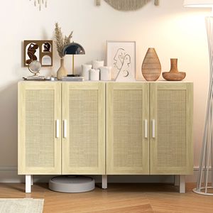 Mobile da Cucina Boho Bianco e Naturale con 4 Ante in Rattan e Ripiani Regolabili per Sala da Pranzo di Villa - Product Image 2