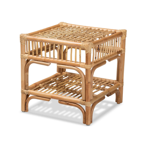 Table d'appoint en rotin naturel à 2 niveaux, table de chevet en osier, meubles en rotin faits à la main pour la chambre à coucher et le salon, style bohème vintage - Product Image 1