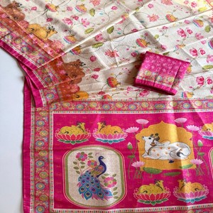 Sari en soie douce VASTRA COTTAGE, jacquard Jari, imprimé numérique Kalamkari, avec blouse à passepoil Doori - Product Image 4