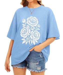 Camiseta de Algodón 100% Estampada al por Mayor para Mujer, Manga Corta, Cuello Redondo, Hombro Caído, Cómoda, Oversize, de Bangladesh - Product Image 4