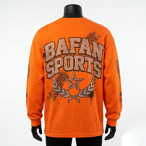 T-shirt à manches longues en coton premium 220 GSM, orange, avec logo imprimé à haute densité - Product Image 2