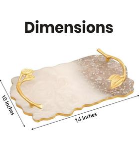 Plateau de service artistique fait main en acide polylactique, forme irrégulière, poignées en forme de branche dorée, marbré blanc, compatible lave-vaisselle, pour les fêtes - Product Image 3