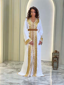 Kaftan turc blanc, abaya brodée d'or, col en V, manches longues, robe musulmane longue jusqu'au sol - Product Image 4