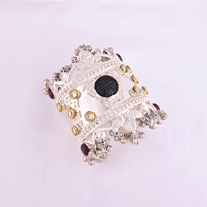 Garnet Hydro & Black Onyx & Kundan Ethnic Cuff <b>Bracelet</b> | Silver Plated Brass Jewelry - Product Image 1