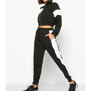 Women's <b>Black</b> White Color Block Crop <b>Top</b> Tracksuit Set Full <b>Sleeve</b> Hooded Sporty Joggers Ankle Length Fleece Breathable Loose - Product Image 4