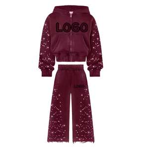 Custom Unisex Chenille Patch Rhinestone Tracksuit Blank <b>Crop</b> <b>Zip</b> <b>Up</b> Hoodie Wide Leg Flare Sweatpants Two Piece Set Heavyweight - Product Image 4
