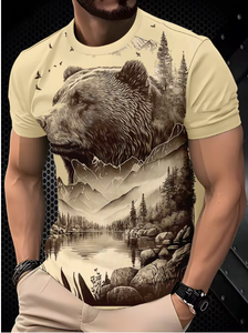 เสื้อยืดคอกลมแขนสั้นพิมพ์ลายหมีภูเขาสำหรับผู้ชาย ทรงปกติ ผ้าถักโพลีเอสเตอร์ระบายอากาศได้ดี ดีไซน์ลายพิมพ์ - Product Image 4