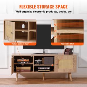 Metà del secolo moderno 55 pollici TV Stand Boho rovere e Rattan TV Cabinet con ripiani regolabili per soggiorno sala multimediale - Product Image 4