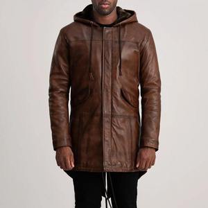 Manteau parka long à capuche en cuir véritable marron, doublure en fourrure épaisse, fermeture éclair, vêtements d'extérieur d'hiver - Product Image 4
