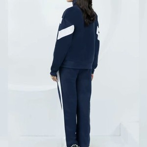 Veste de survêtement pour femme bleu marine avec blocs de couleur et fermeture éclair, à rayures blanches, manches longues, col montant, design sportif, pour l'automne - Product Image 2