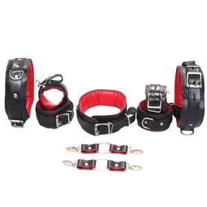 Leather Bondage Restraints Set With Wrist And Ankle Cuffs Red Lining Metal Buckles And Connectors - Product Image 1