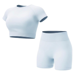 Ensemble de yoga 2 pièces violet, haut court à col rond, short taille haute, sans couture, couleur unie, spandex, polyester - Product Image 6