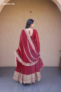 High Quality Faux Blooming with Zari,Sequin & Pipe <b>Bead</b> work & Flared & Floor-Length Gown-Matching work Dupatta Indian Exporter - Product Image 3