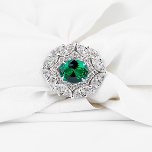 Women's 18K <b>Gold</b> Emerald Cut Green Gemstone <b>Cocktail</b> <b>Ring</b> Flower Design Pave Diamond Halo Luxury Engagement Jewelry - Product Image 1
