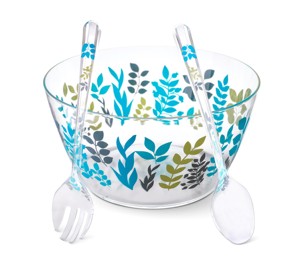 Grand saladier, acrylique transparent de haute qualité avec motifs botaniques colorés, comprend 2 cuillères de service - Product Image 1