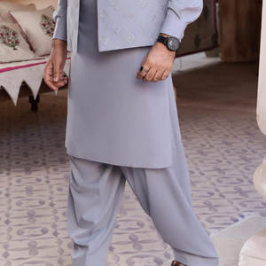 Costume afghan classique pour homme, brun foncé, avec broderie sur les bords, ensemble shalwar kameez traditionnel islamique pour homme, mode bandhgala. - Product Image 5