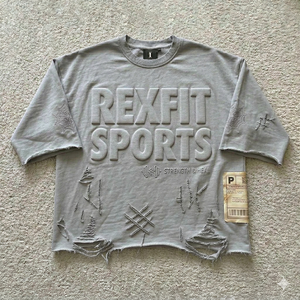 T-shirt surdimensionné à col rond avec logo personnalisé Rexfit Sports, imprimé noir, pour homme, style vintage, délavé, manches courtes, streetwear - Product Image 5