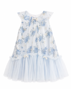 Vestido de Fiesta de Tul Azul con Estampado Floral para Niñas, con Adorno de Lazo de Perlas, Estilo Dulce con Dobladillo de Tul en Línea A, para Primavera - Product Image 1