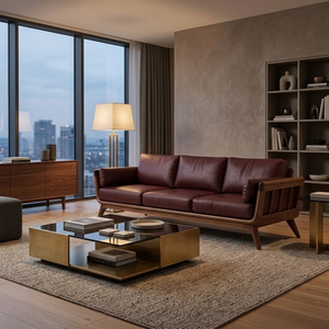 Solid Wood Mid Century <b>Sofa</b> with Brown Leather Cushions Modern Living Room Furniture for Home Hotel Apartment Project - Product Image 6
