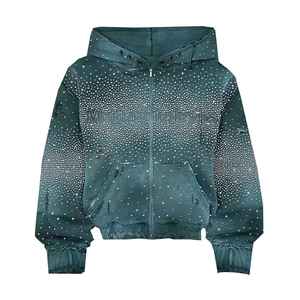 Sweat à capuche de qualité supérieure, personnalisé OEM, avec lettres brodées en coton et patch en cuir, effet vieilli, délavé soleil et strass brillants - Product Image 1