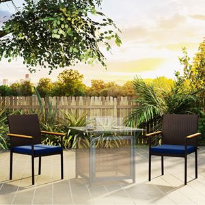 Set di 2 Sedie da Pranzo Impilabili in Vimini Blu Navy per Patio con Cuscini e Braccioli per Terrazza e Giardino - Product Image 2