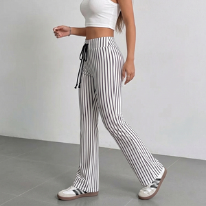 Women High Waisted Striped Flare Pants Loose Fit <b>Drawstring</b> Casual <b>Trouser</b> Full Length 100% Cotton Knitted Pants Women's - Product Image 3