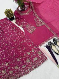 Pink Embroidered Silk Traditional Indian Pakistani <b>Dress</b> Set With Dupatta For Wedding Occasion - Product Image 1