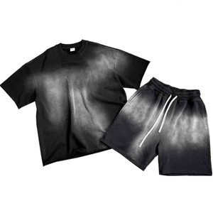 Conjunto de Dos Piezas de Alta Calidad, Transpirable y de Secado Rápido para Hombre, Camiseta de Verano con Lavado Ácido Estilo Hip Hop, Mezcla de Poliéster/Algodón, Pantalones Cortos Deportivos para Correr - Product Image 1