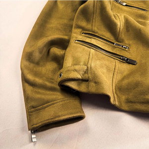 Vintage Olive Suede Leather <b>Jacket</b> Zip Up Biker Style Fitted Moto Coat Factory OEM ODM - Product Image 2