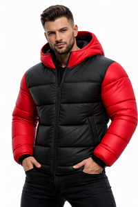 Chaqueta acolchada negra y roja para hombre, abrigo de invierno con capucha, cálido, con cremallera, estilo urbano, elegante, ajustado al cuerpo - Product Image 2