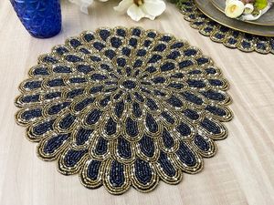 Set of Handmade placematbeaded table <b>placemat</b> Navy blue <b>gold</b> - Product Image 3