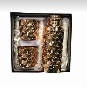 Hammered Copper Water Bottle Set With 2 Glasses Gift Box Leakproof Metal <b>Drinkware</b> for Travel Gifting - Indian Home Crafts - Product Image 4